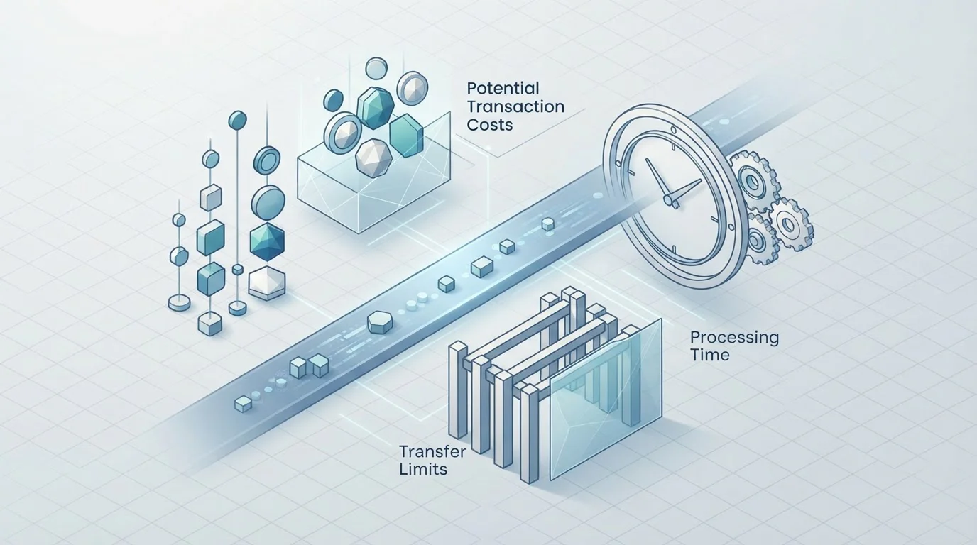Abstrakte Darstellung von Kosten, Bearbeitungszeit und Transaktionsgrenzen einer Bankzahlung